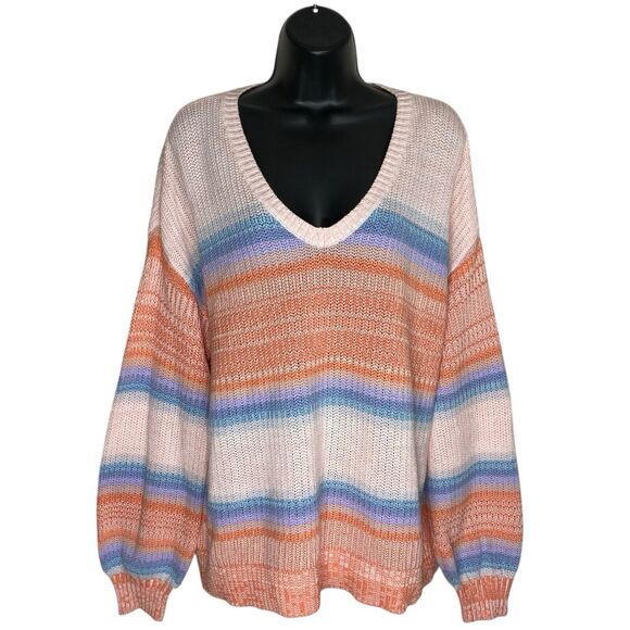 Loft Sweater Womens L Pastel Striped V-Neck Pullover Boho Preppy Slouchy Casual - Picture 1 of 11
